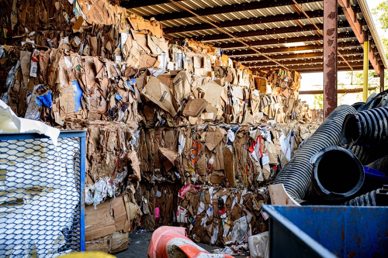 Baled cardboard at a recycling facility