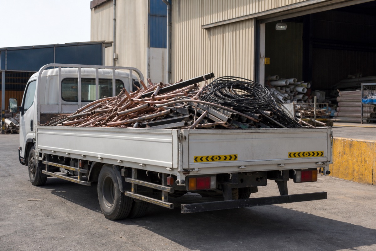 Pickup truck loaded with copper pipe arriving at a recycling warehouse