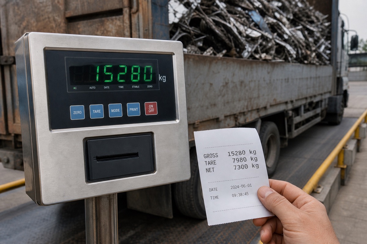 A truck of scrap on a weighbridge, ticket in hand